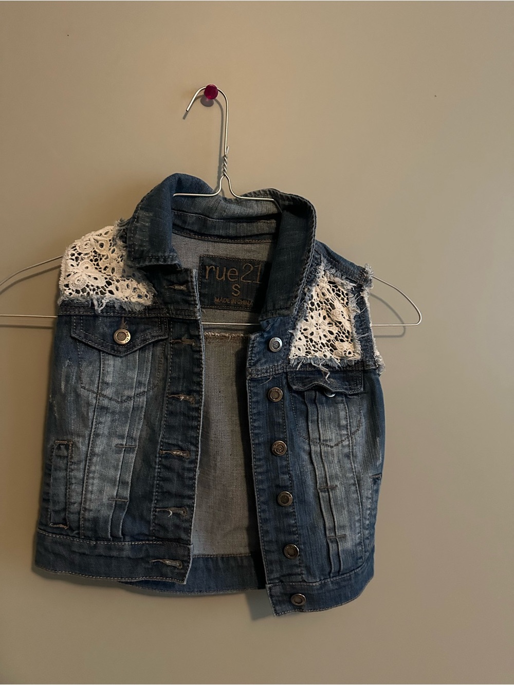 rue21 Blue Denim Vest with White Crochet yoke